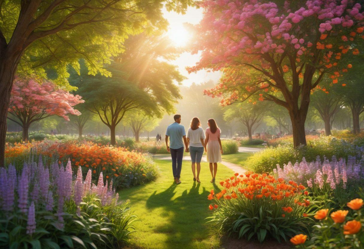 A serene scene depicting a diverse group of people gathered in a vibrant park, embracing each other with warm smiles, surrounded by blooming flowers and birds chirping, symbolizing unity and healing. The background features soft sunlight filtering through trees, enhancing the uplifting atmosphere. super-realistic. vibrant colors. soft pastel background.