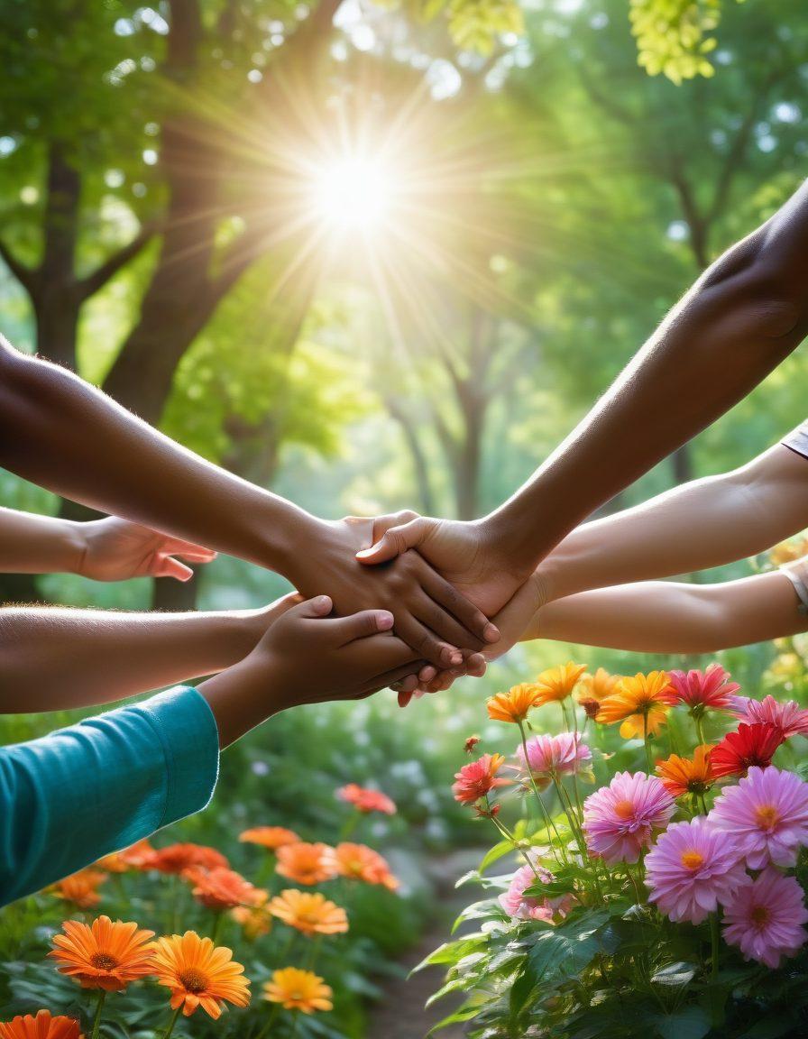 A diverse group of people of different ages and backgrounds, gathered in a serene outdoor setting, engaging in supportive conversation while holding hands. In the background, soft sunlight breaks through lush trees, symbolizing hope and strength. Flowers bloom around them, representing the beauty that comes from healing grief together. The image should convey warmth, unity, and a sense of community. vibrant colors. super-realistic.