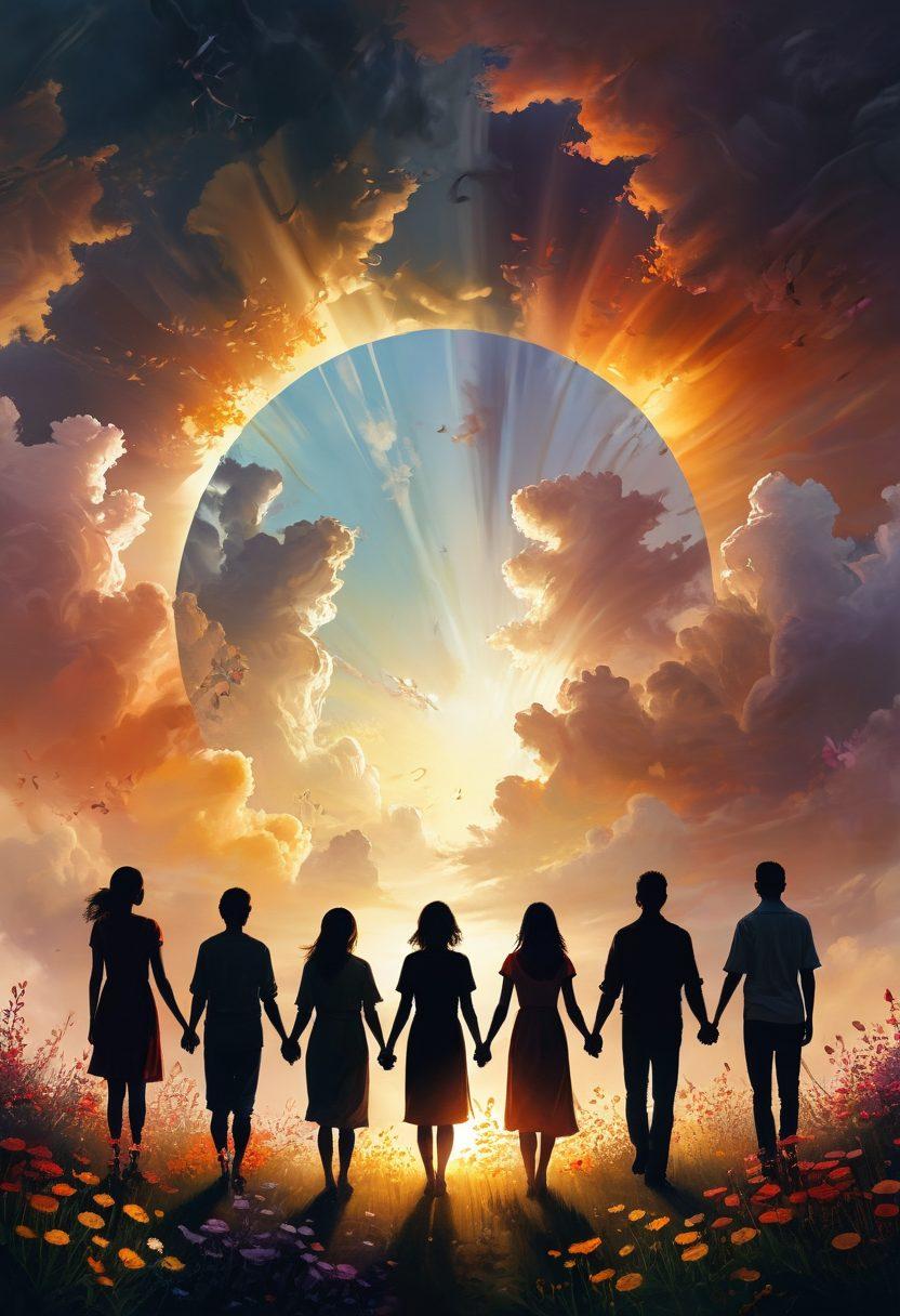 A serene landscape depicting a diverse group of people coming together, holding hands in a circle under a softly glowing light breaking through dark clouds. The atmosphere conveys a sense of hope and unity, with shadows representing sadness transforming into vibrant colors. Include elements like blooming flowers and gentle rays of sunlight illuminating their expressions of support and understanding. digital painting. warm tones. inspirational.